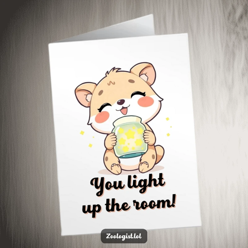 Funny Free Printable Congratulations Card: Adorable animal giggling, holding a jar of twinkling fireflies, perfect for conveying joyous congratulations.