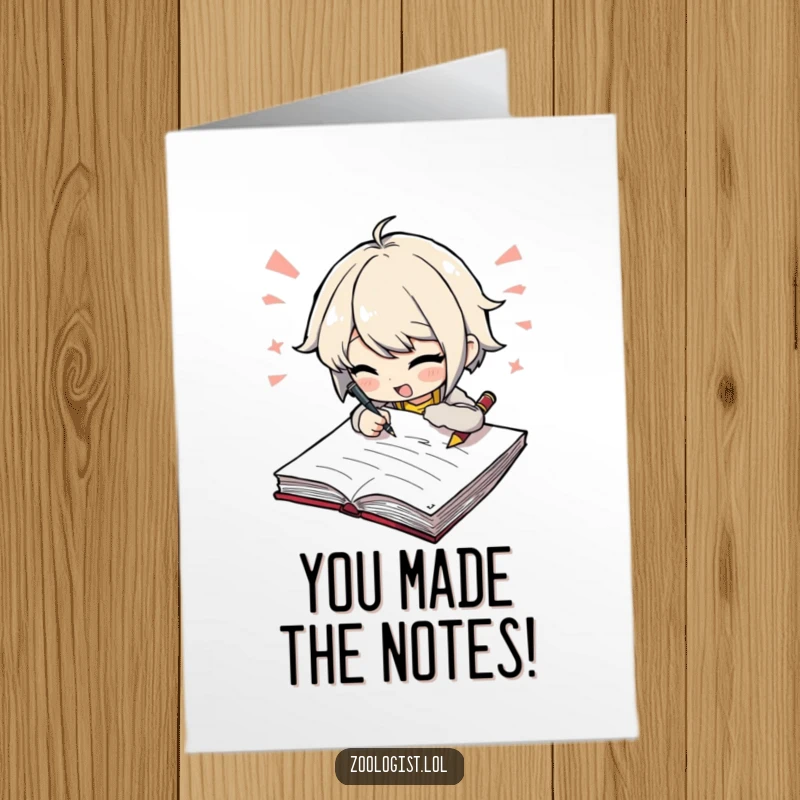 Funny Free Printable Congratulations Card: Character excitedly scribbling notes, celebrating brilliant ideas.