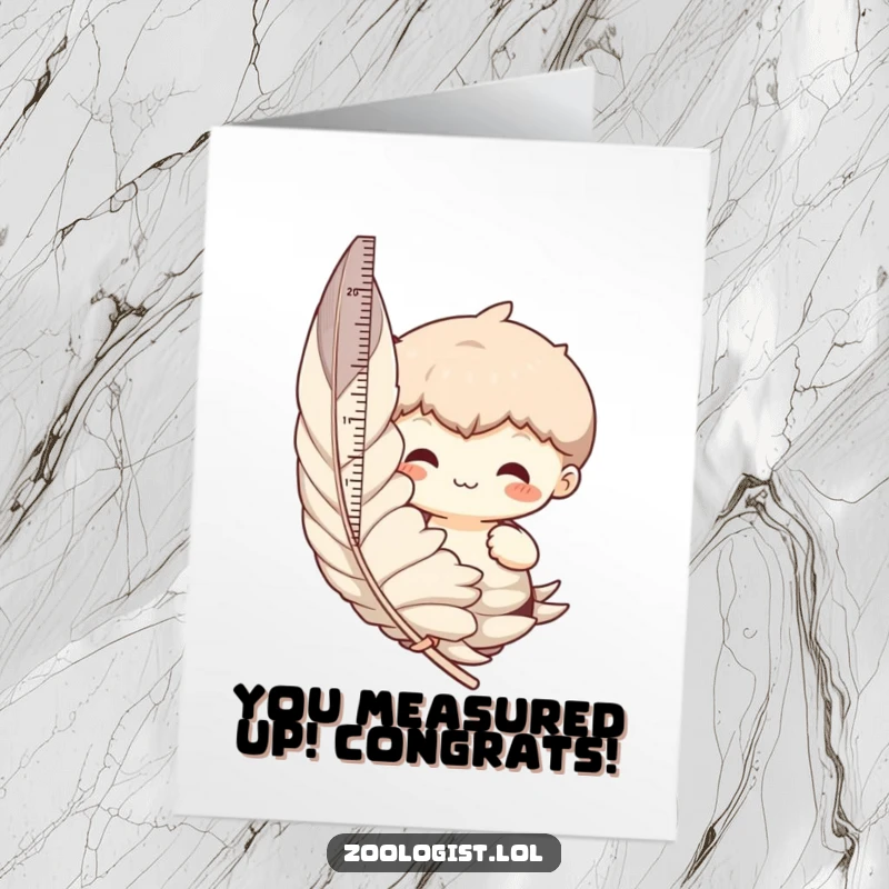 Funny Free Printable Congratulations Card: Character meticulously measures a huge feather, celebrating wins with downloadable humor.