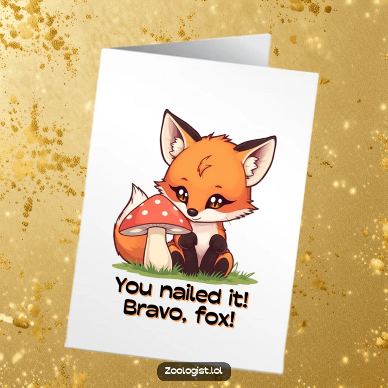 Funny Free Printable Congrats Card: A curious fox investigates a mushroom, perfect for celebrating any occasion with a chuckle.