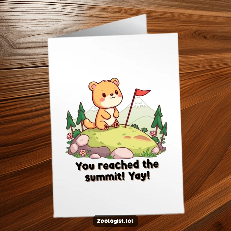 Funny Free Printable Congrats Card: Cheerful animal planting a flag on a landscape, symbolizing a great accomplishment.