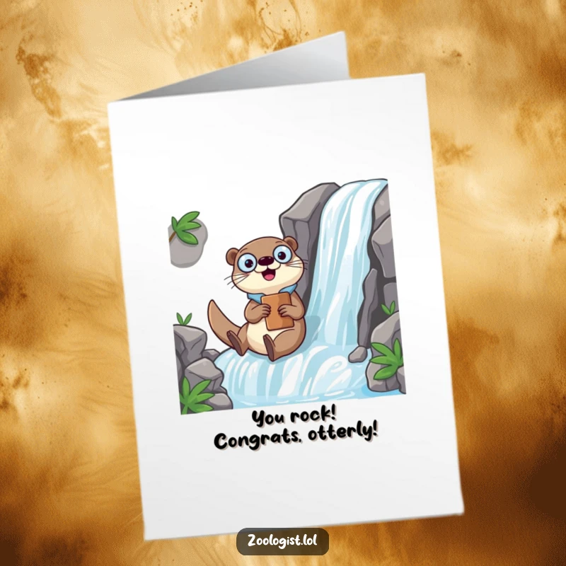 Funny free printable Kawaii otter zoologist joyfully sliding down a waterfall with a clipboard, marking a successful observation.