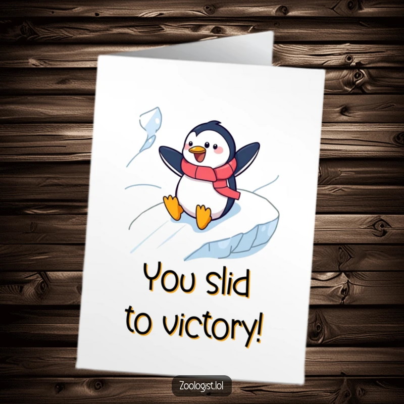 Funny Free Printable Congratulations Card of a cheerful penguin zoologist sliding down an icy slope, celebrating success.