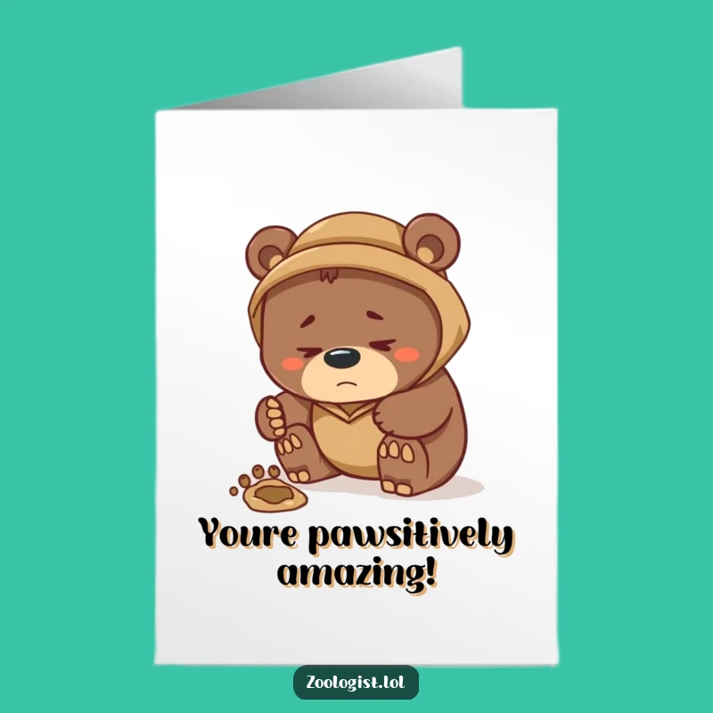Free Printable Congrats Card: Humorous Bear Zoologist Discovering Tracks - Downloadable