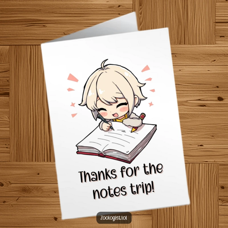 Funny Free Printable Thank You Card: Character excitedly scribbling notes in a notebook, expressing gratitude.