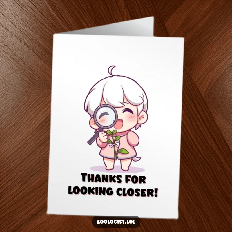 Funny Free Printable Thank You Card: Character examining a plant with a magnifying glass, expressing plant appreciation.