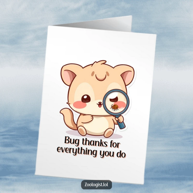 Funny Free Printable Thank You Card: Playful animal character with a magnifying glass inspecting a bug, a humorous way to say thanks.