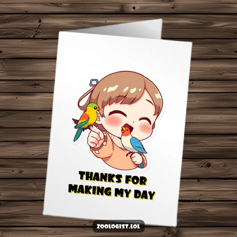 Funny Free Printable Thank You Card: Character happily displays a pretty bird on their finger, heartfelt art.
