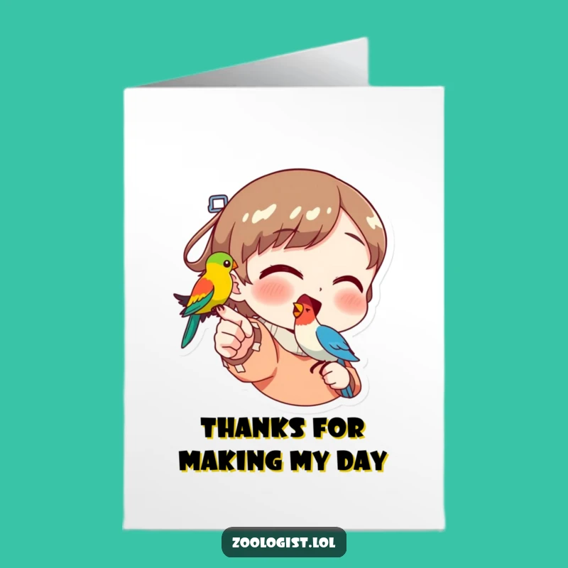 Free Printable Thank You Card: Cheerful Character & Bird - Funny Downloadable Gift