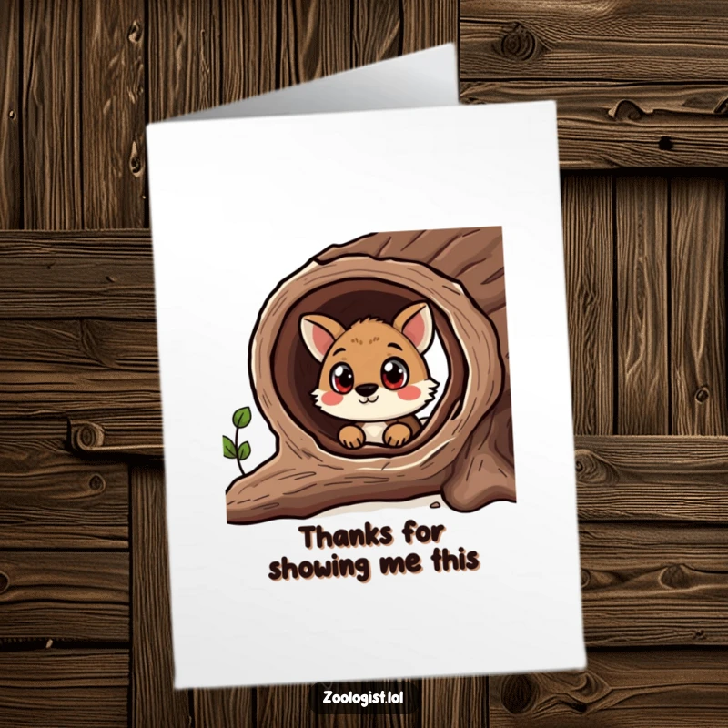 Funny Free Printable Thank You Card: Curious animal peering into a log, conveying wonder and appreciation.