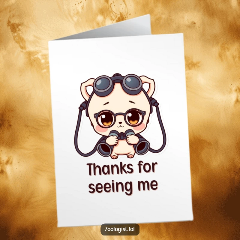 Funny Free Printable Thank You Card: Character wearing binoculars, curiously looking with gratitude at a thoughtful gesture.