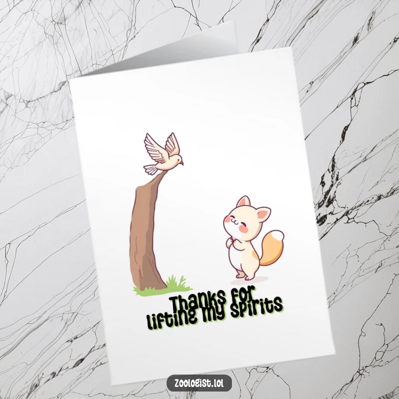 Funny Free Printable Thank You Card where a cute animal joyfully observes a bird flying freely in the sky.