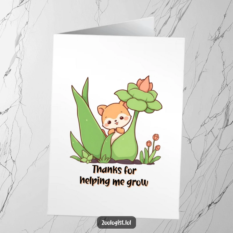 Funny Free Printable Thank You Card with a cute animal curiously poking a giant plant, looking amused.
