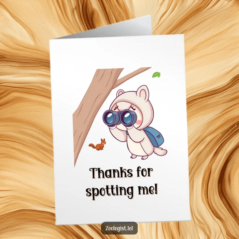 Funny Free Printable Thank You Card: Cute character with binoculars excitedly spotting a distant, playful squirrel, expressing thanks.