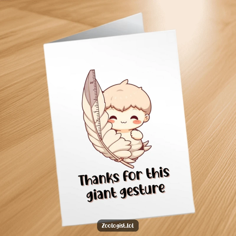 Funny Free Printable Thank You Card: Character measures a colossal feather, conveying thanks with downloadable comedic charm.