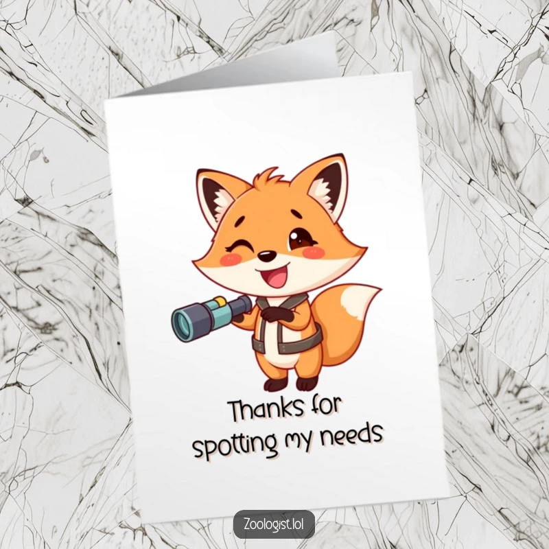 Funny free printable thank you card: A smiling fox holding binoculars, pointing forward excitedly, expressing gratitude for something wonderful.