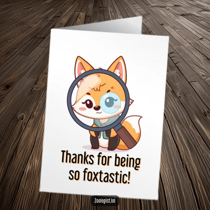 Funny Free Printable Thank You Card: A curious kawaii fox zoologist using a magnifying glass to express thanks.