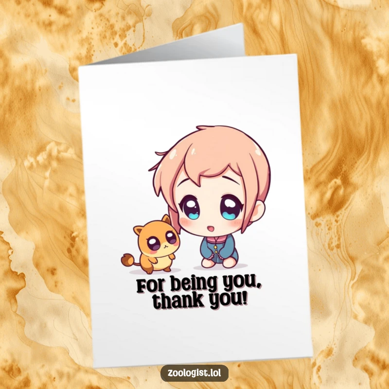 Funny Free Printable Thank You Card: Character looks astonished at a tiny insect, a humorous DIY thank you.