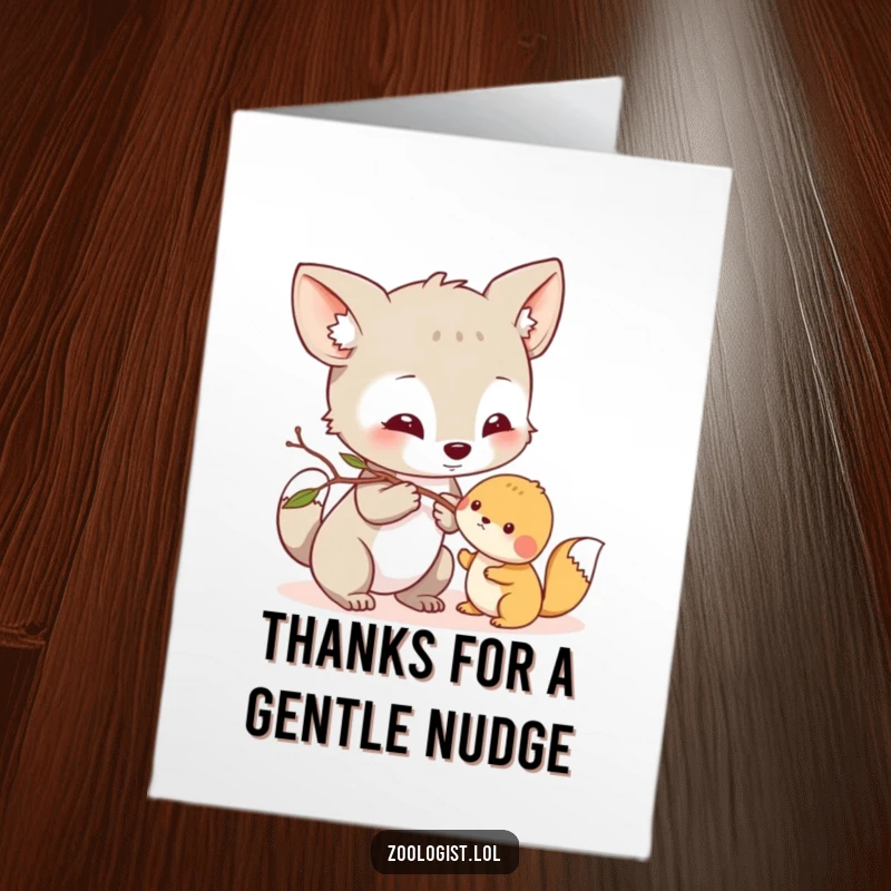 Funny Free Printable Thank You Card: Curious animal character gently nudging another creature with a twig, a sweet and funny thank you.