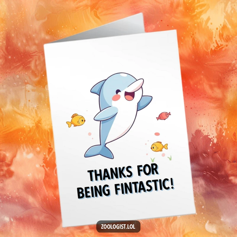 Funny Free Printable Thank You Card: Excited dolphin leaping high, smiling, surrounded by happy fish, expressing thanks.