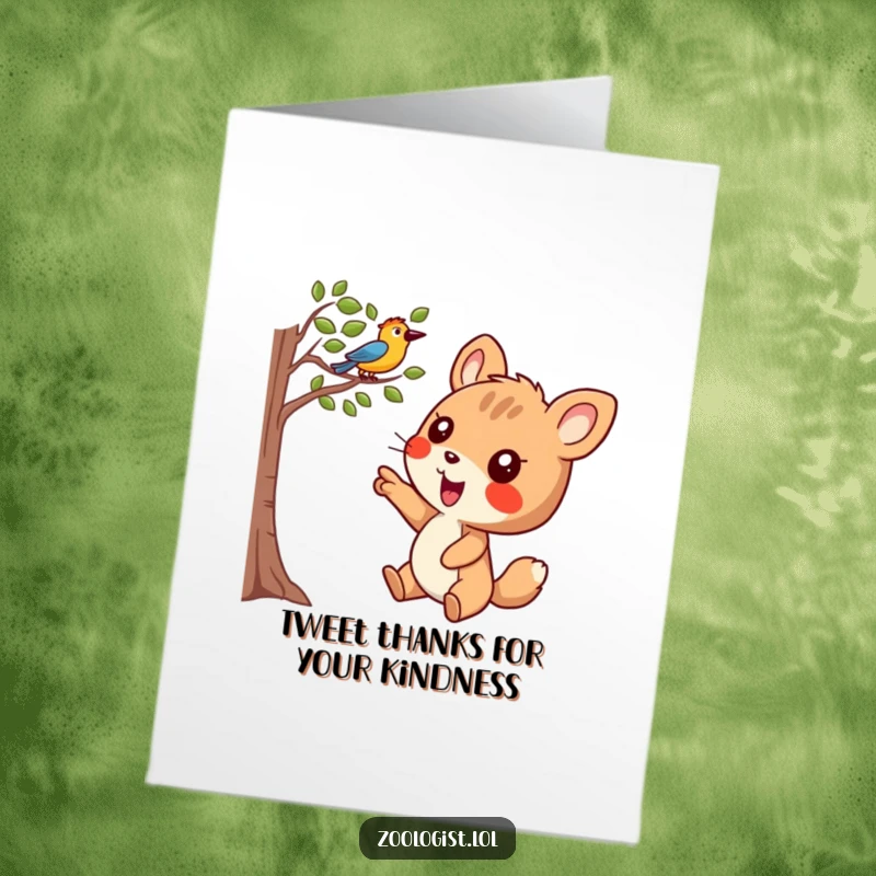 Funny Free Printable Thank You Card: Joyful animal character pointing excitedly at a bird in a tree, a fun way to say thanks.