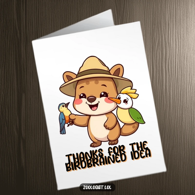 Funny free printable thank you card: a safari-clad animal points out a small, inquisitive bird.