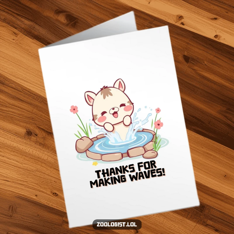 Funny Free Printable Thank You Card: Cute animal joyfully splashing water from a pond, sending thanks with a playful water spray.