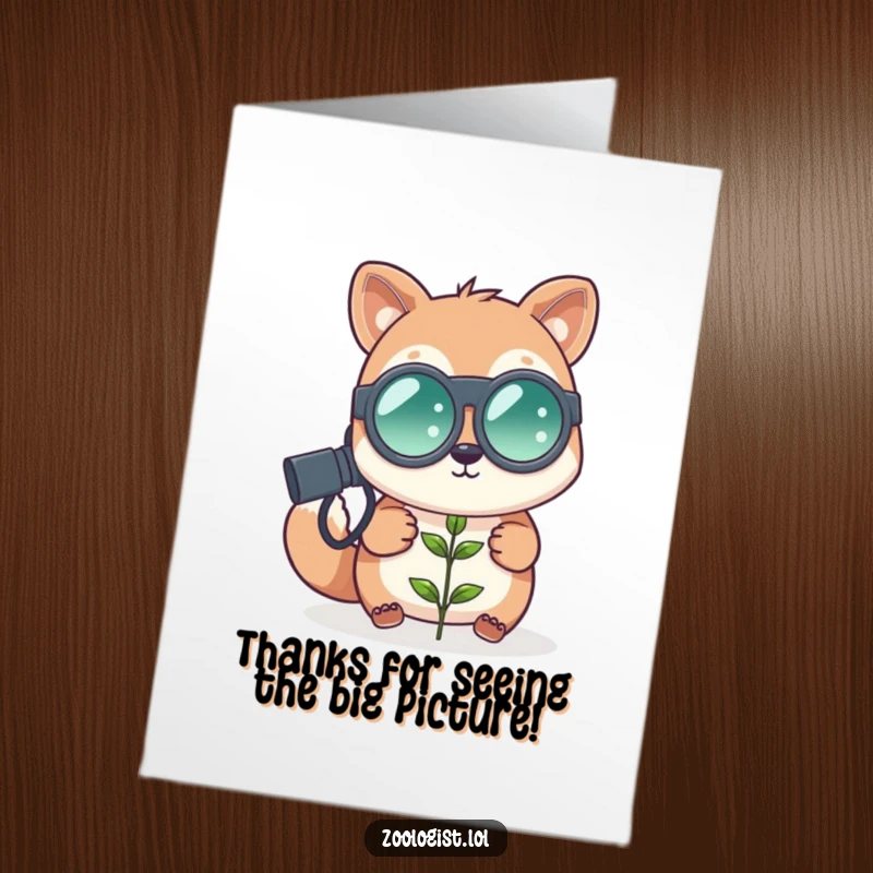 Funny Free Printable Thank You Card: animal zoologist with large binoculars examining a tiny plant, expressing thanks.