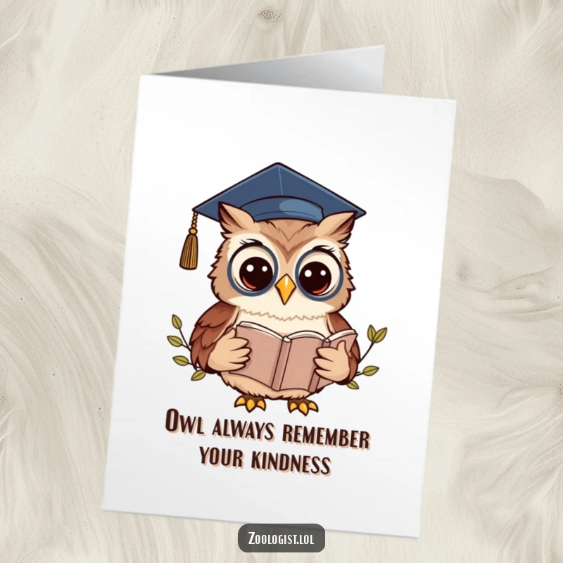 Funny Free Printable Thank You Card: A wise kawaii owl zoologist in a graduation cap reading, expressing thanks.