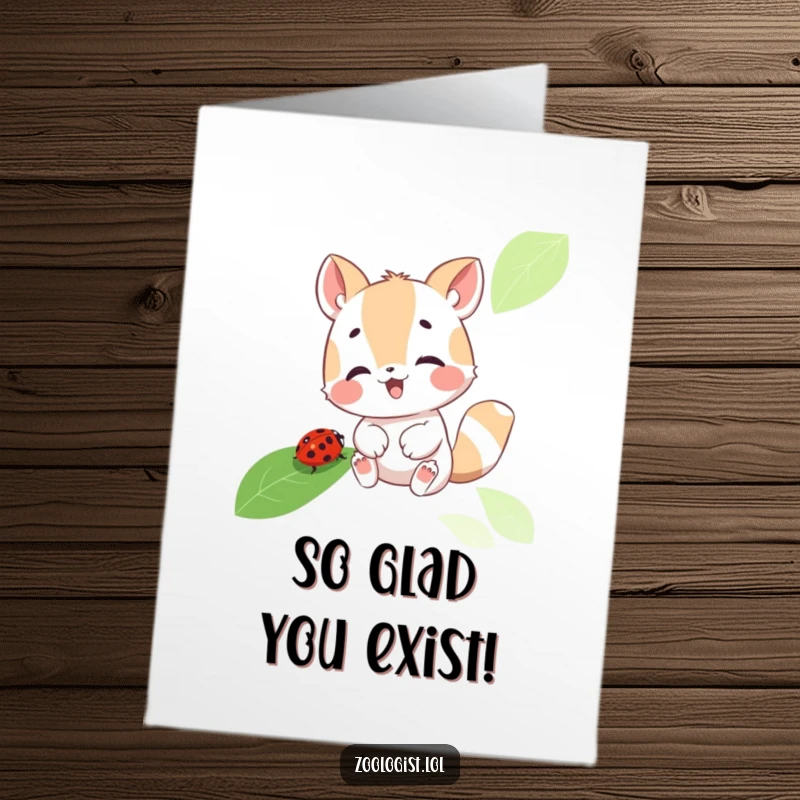 Funny Free Printable Thank You Card: cute animal character gleefully examining a ladybug on a leaf, expressing thanks with a smile.