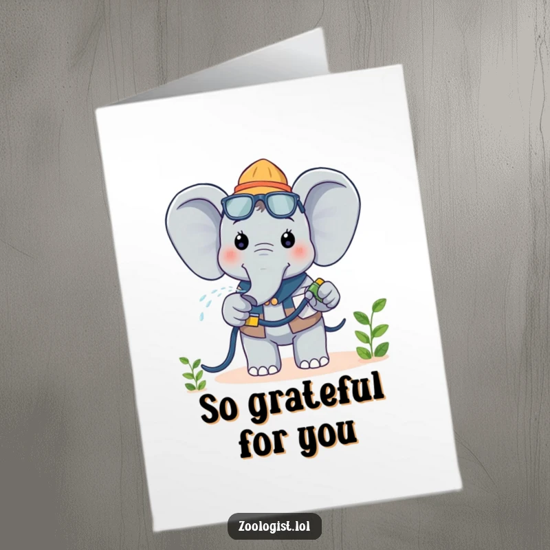 Funny Free Printable Thank You Card showing a cheerful Kawaii elephant zoologist watering a plant, a delightful way to send thanks.