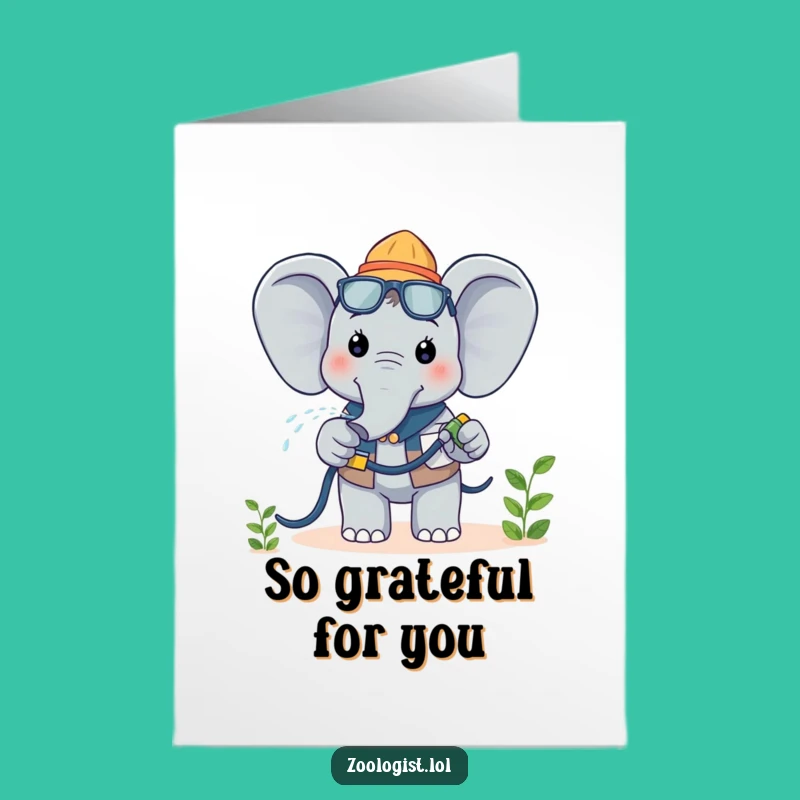 Free Printable Thank You Card: Kawaii Elephant Zoologist Sprays Gratitude Cheerfully
