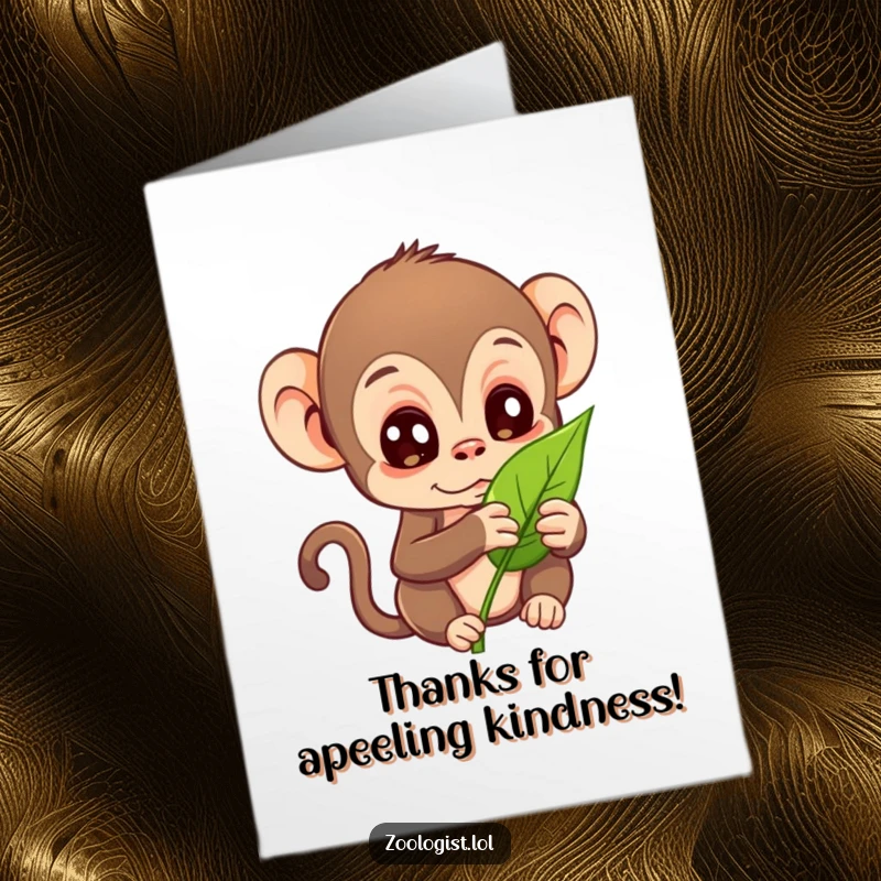 Funny Free Printable Thank You Card: Curious monkey examining a leaf with intense focus, a humorous way to say thanks.