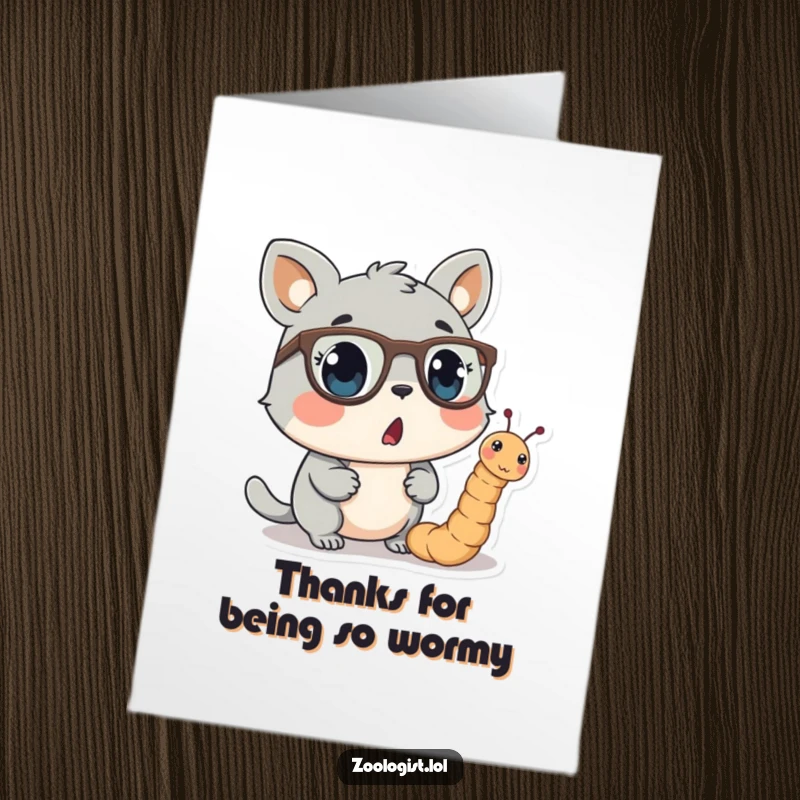 Funny free printable thank you card with a shocked animal observing a studious worm in tiny spectacles.