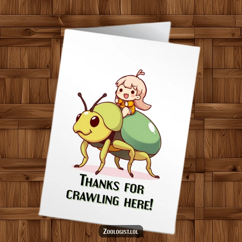 Funny Free Printable Thank You Card depicting a character's gleeful ride on a giant, friendly beetle, expressing thanks.