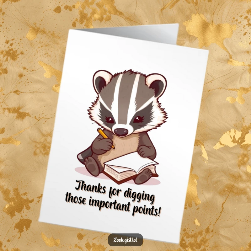 Funny Free Printable Thank You Card: curious badger zoologist rapidly writing in a tiny book, expressing thanks.