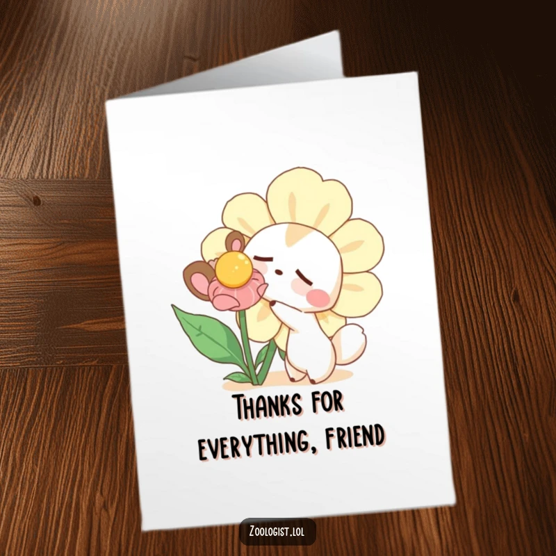 Funny Free Printable Thank You Card: Curious animal tickling a massive, dozing flower, showing appreciation.