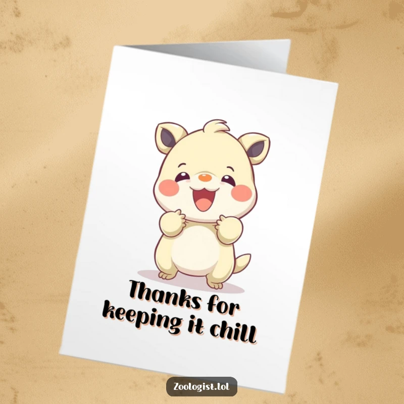 Funny Free Printable Thank You Card: A character calmly tames a bouncing, energetic creature with gentle hands, showing appreciation for peaceful coexistence.