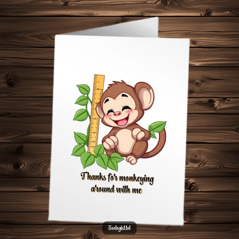 Funny free printable thank you card: a laughing monkey uses a ruler to measure a long vine, expressing thanks.