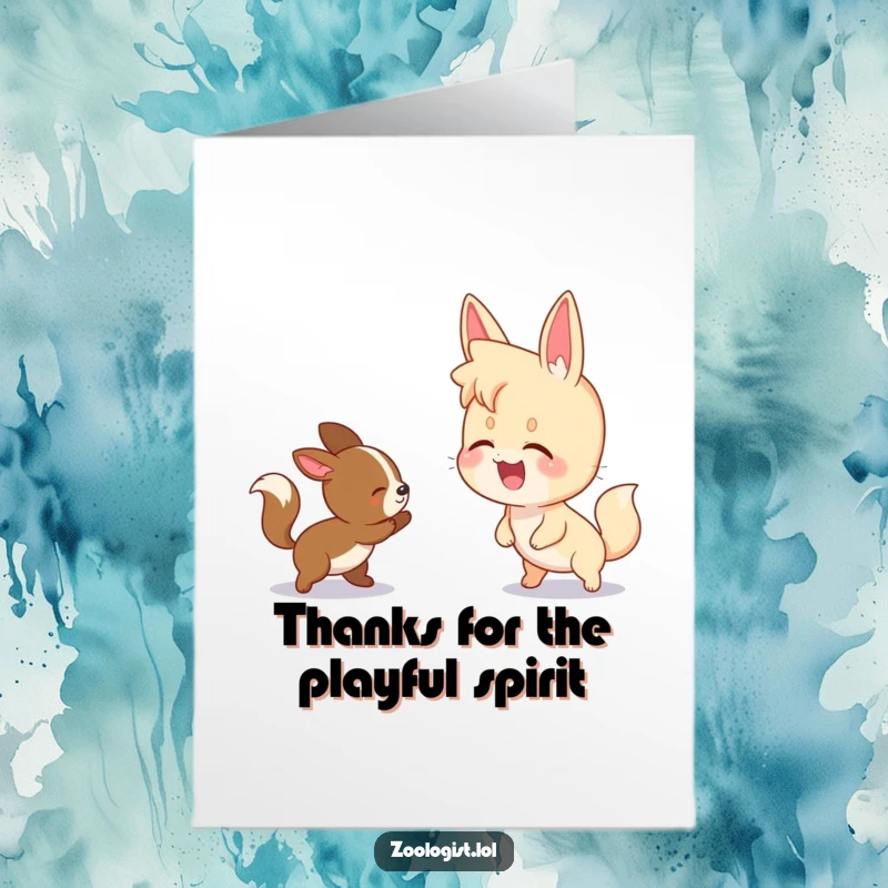 Funny Free Printable Thank You Card: Character giggles watching two animals playfully chase, conveying thanks with downloadable joy.