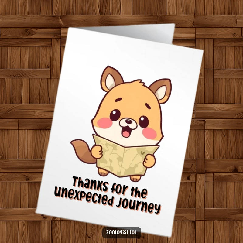 Funny Free Printable Thank You Card depicting a cute animal making a surprised face while examining a map.