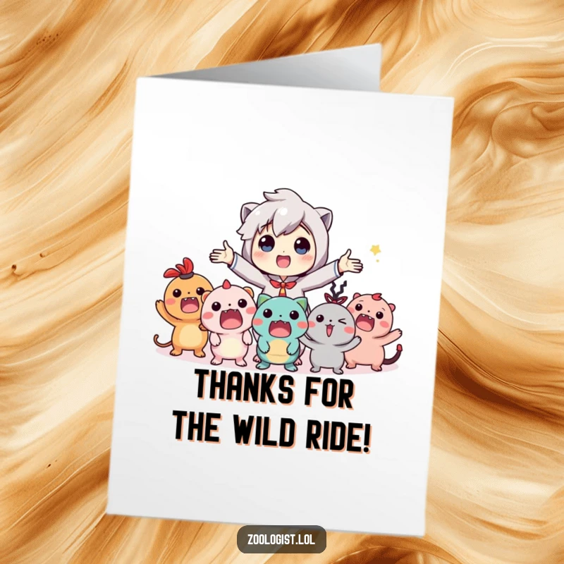 Funny Free Printable Thank You Card: Character makes grand gestures towards unseen imaginary creatures, expressing immense gratitude with a humorous flourish.