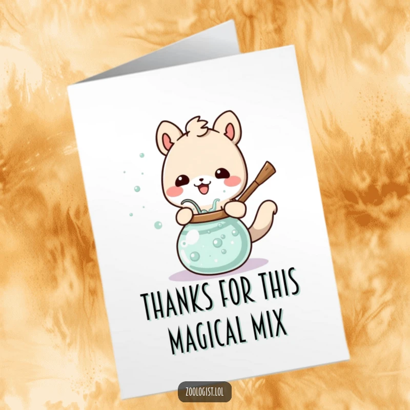 Funny Free Printable Thank You Card: Cute animal character happily stirs a bubbling potion, offering thanks with a magical flair.