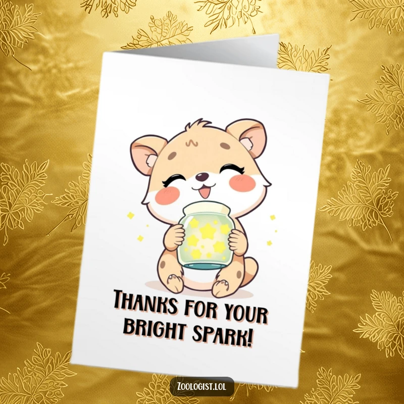 Funny Free Printable Thank You Card: Cute animal holding a jar of shimmering fireflies, giggling with heartfelt thanks, a unique DIY gift.