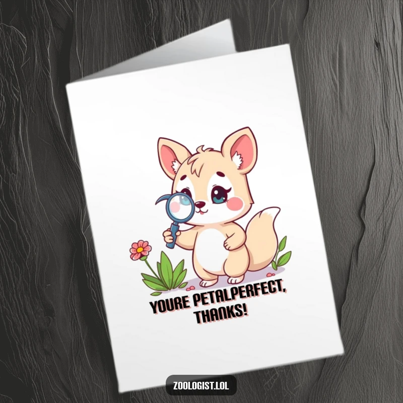 Funny Free Printable Thank You Card: cute animal character proudly holding a magnifying glass near a wildflower, appreciating the little things.