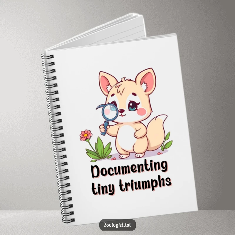 Funny notebook cover featuring a cute animal character holding a magnifying glass, proudly focused on a wildflower, encouraging detailed observation.