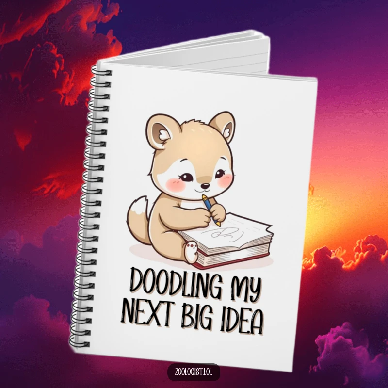 Funny notebook cover with a cute animal character concentrating on sketching another animal, encouraging focused drawing and artistic development.