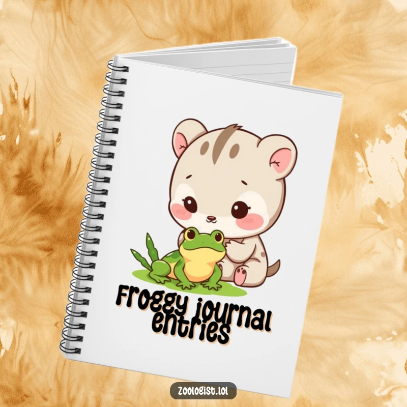 Funny Notebook: Cute animal character carefully observing a tiny frog with gentle excitement, symbolizing keen observation.
