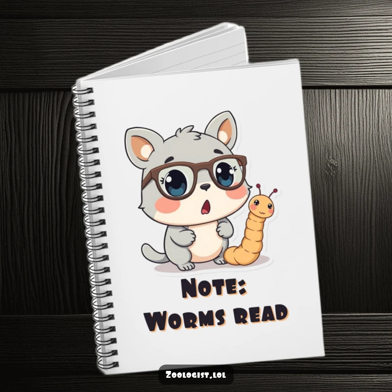 Funny notebook cover with a surprised animal character observing a worm wearing tiny spectacles, encouraging creative and humorous note-taking.