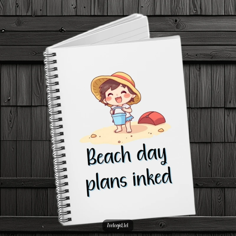 Funny beach character notebook with a joyful creature holding a bucket and spade, perfect for jotting down beach plans.